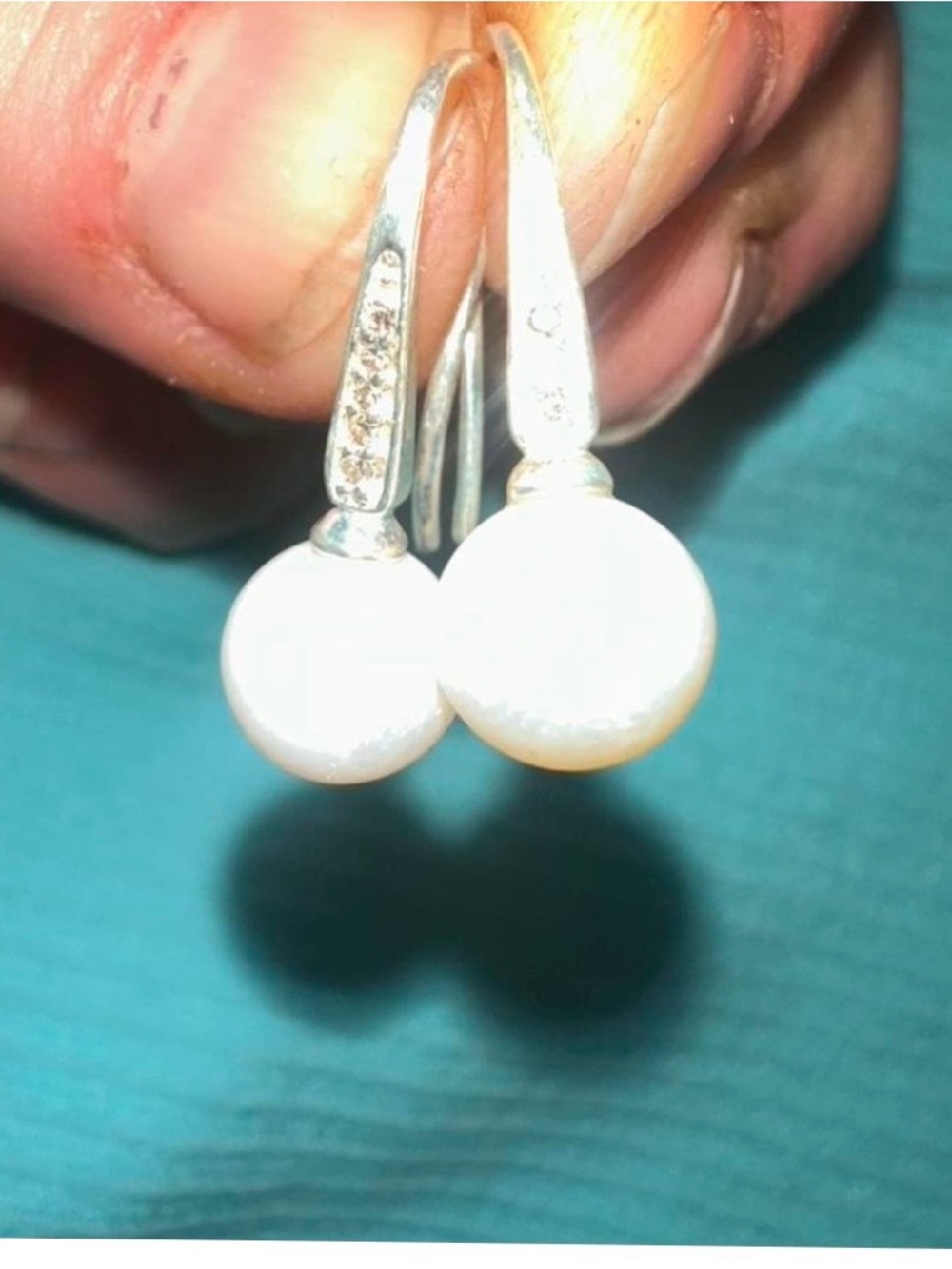 Kay Jewelers Sterling Silver White Bead Drop Earrings — with small diamonds
